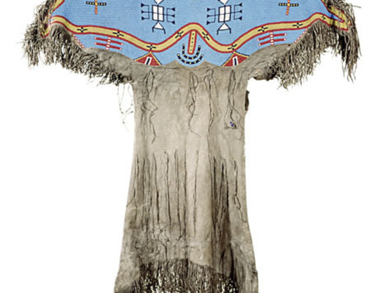 Ameche (a.k.a. Elk Woman) (American Cheyenne/Suhtai, ca. 1857-1890), <em>Young Girl’s Dress</em>, ca.1879-1881, deerskin, glass beads, and sinew, 44 x 56 inches. Gift of Rev. E.W. J. Lindesmith, AA1899.002