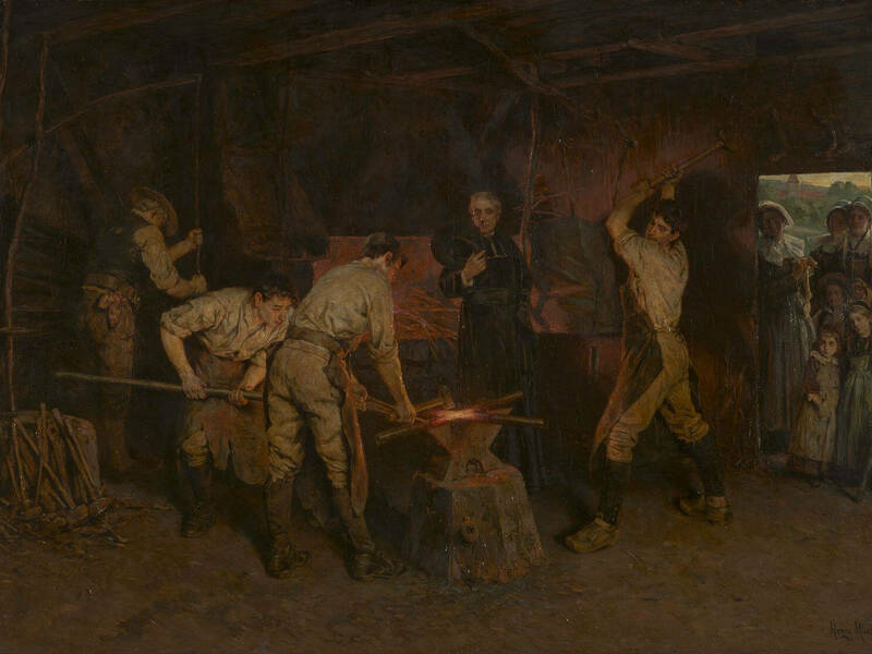 Henry Mosler (American, 1841–1920), <em>Forging the Cross</em>, ca. 1904, oil on canvas, 46.5 x 67.25 inches. Gift of Mrs. J. Fuller Feder, New York, 1950.003 (detail)