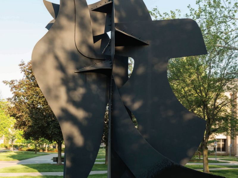 David Hayes' Griffon, 1989, is featured on the exhibition brochure cover. This 27-foot tall painted steel work was purchased with funds provided by the Humana Endowment for American Art, 1989.026