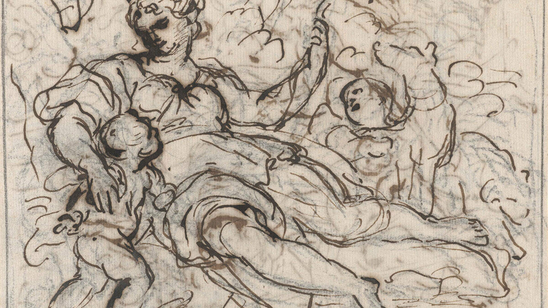 Giacinto Calandrucci (Italian, 1646–1707), Diana with Two Putti, ca. 1680–85, pen and brown ink over black chalk on laid paper. On extended loan as a promised gift from Mr. John D. Reilly ’63, L1991.031.004