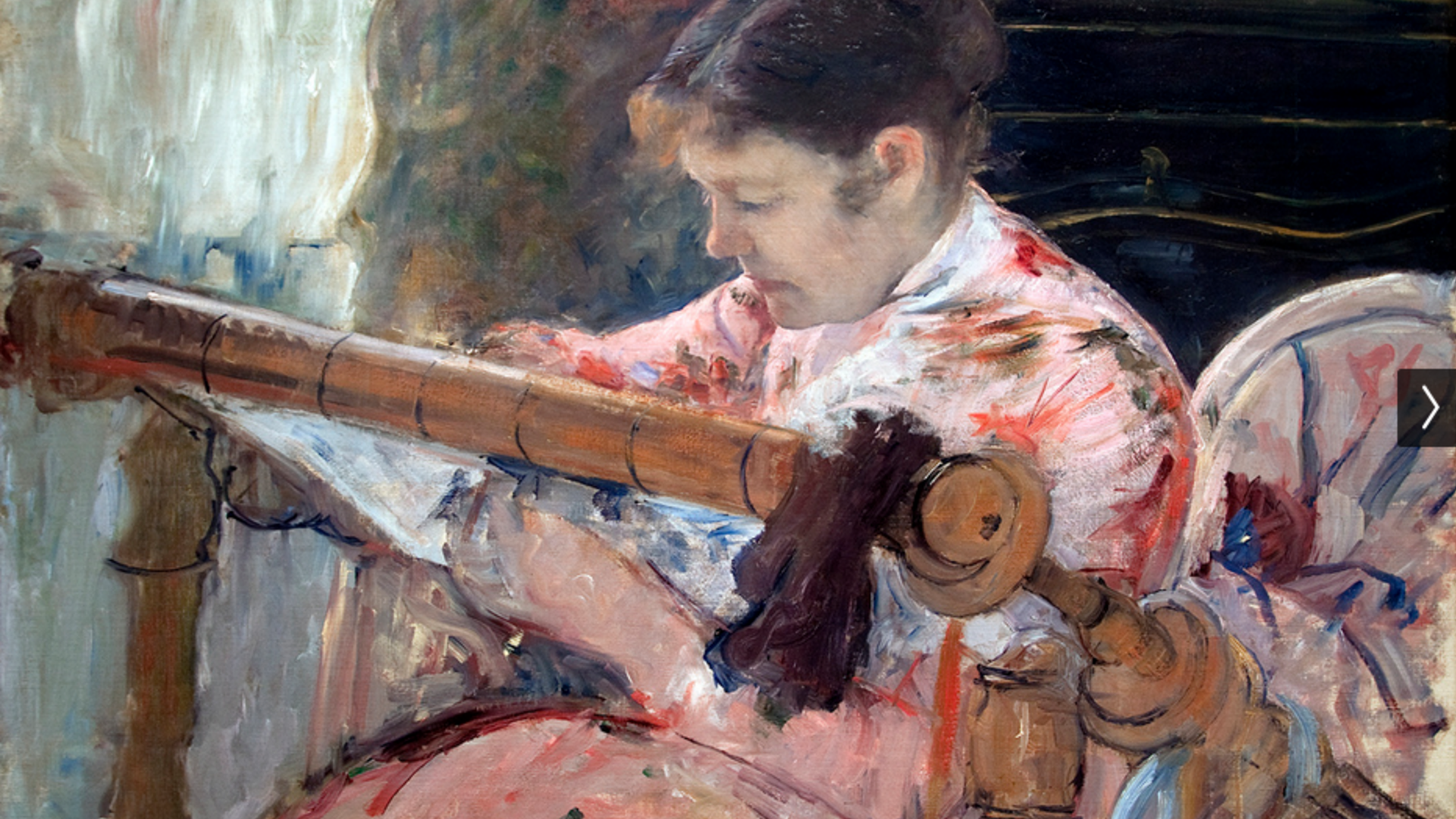 Mary Cassatt (American, 1844–1926), Lydia at a Tapestry Frame, ca. 1881, oil on canvas. Flint Institute of Arts: Gift of The Whiting Foundation, 1967.32
