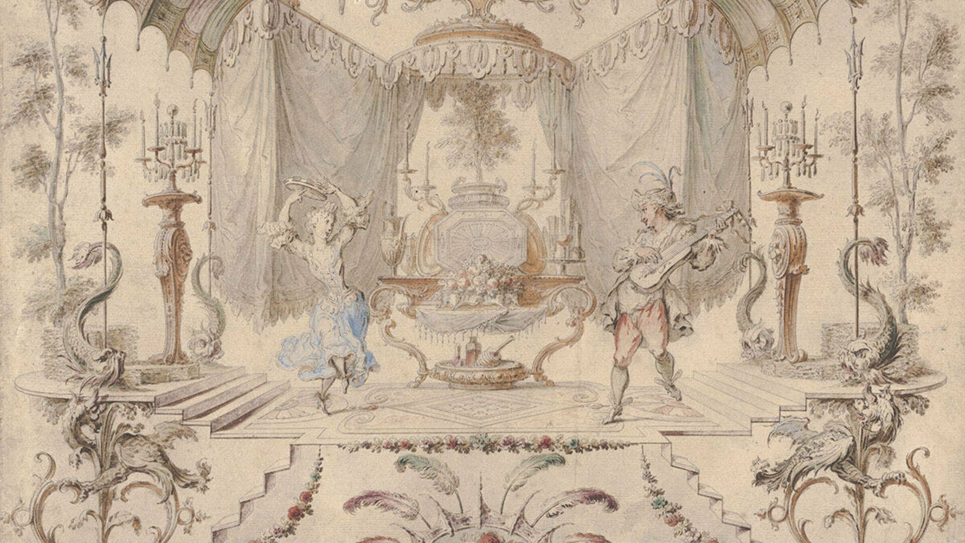 Gilles-Marie Oppenord (French, 1672–1742), An Ornamental Cartouche, ca. 1700, pen and gray ink and brown wash and watercolor on laid paper. On extended loan from Mr. John D. Reilly '63, L2009.005.003