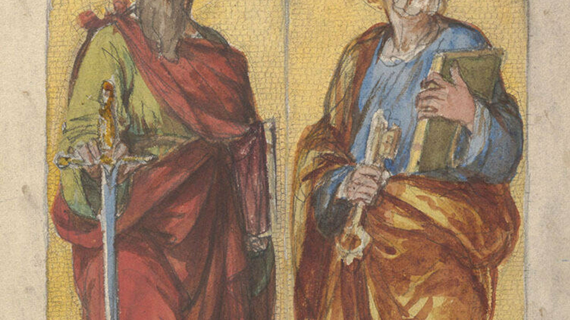 Luigi Gregori (Italian 1819-1896), Saint Paul and Saint Peter, 1874–78, watercolor and gouache over black chalk on wove paper. Gift of the artist, 1977.005.020.DD