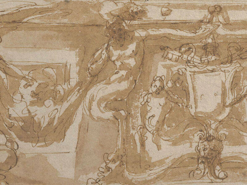 Perino del Vaga (Italian 1501–1547), A Design for a Section of a Frieze Decoration, ca. 1540–45, pen and brown ink and wash on laid paper. On extended loan as a promised gift from Mr. John D. Reilly '63, L1997.057.001