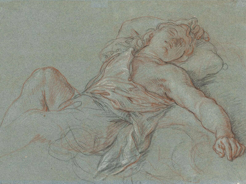 Charles de la Fosse (French, 1636–1716), Sleeping Rinaldo, 1686, black, red and white chalk on blue laid paper. Gift of Mr. John D. Reilly '63, 2004.053.013