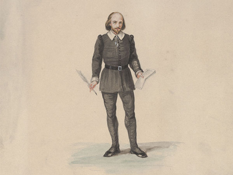 Full length drawing of Shakespeare as imagined by artist Luigi Gregori (Italian, 1819-1896), gauche and watercolor over graphite. Gift of the artist, AA2009.056.138