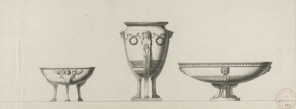 Jean-Guillaume Moitte (French, 1746–1810), <em>Study for Three Silver Urns</em>, n.d., pen and black ink and gray wash over black chalk on laid paper, 6.3 × 17 inches (sight). Gift of Mr. John D. Reilly ’63, in honor of Virginia A. Marten, 2006.058