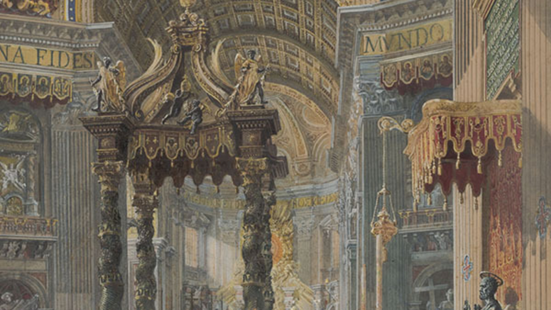 Martino Del Don (Italian, active 1896), <em>Interior of Saint Peter’s</em>, n.d. gouache on paper, 23 x 16 inches. Gift of Dr. and Mrs. Norval Green, 1975.090.002 (detail)
