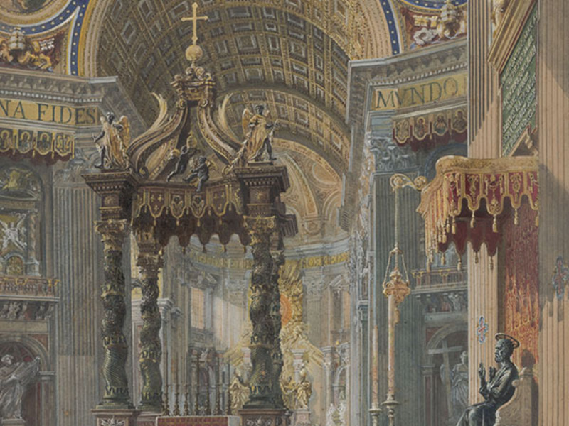 Martino Del Don (Italian, active 1896), <em>Interior of Saint Peter’s</em>, n.d. gouache on paper, 23 x 16 inches. Gift of Dr. and Mrs. Norval Green, 1975.090.002 (detail)