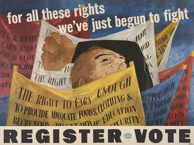 Ben Shahn, American, 1898–1969, <em>For All These Rights We've Just Begun to Fight</em>, 1946, color offset lithograph, 29 x 38.5 inches. Gift of Beatrice Riese, 1991.079.002.c