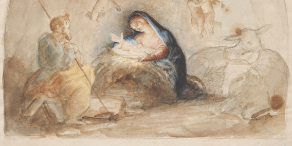 The Nativity, 1876-78, by Luigi Gregori (Italian, 1819-1896), watercolor preparatory drawing for mural in Basilica of the Sacred Heart, Gift of the Artist, 1977 005 020.A.