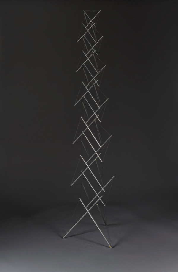 Kenneth Snelson (American, 1927-2016), “E.C. Tower Model,” 1981. Anodized aluminum and
stainless steel cable, 100 1/2 x 24 x 24 in. (255.27 x 60.96 x 60.96 cm). Raclin Murphy Museum
of Art, University of Notre Dame. Gift of the Estate of Kenneth Snelson on behalf of Katherine
and Andrea Snelson, 2021.013.01