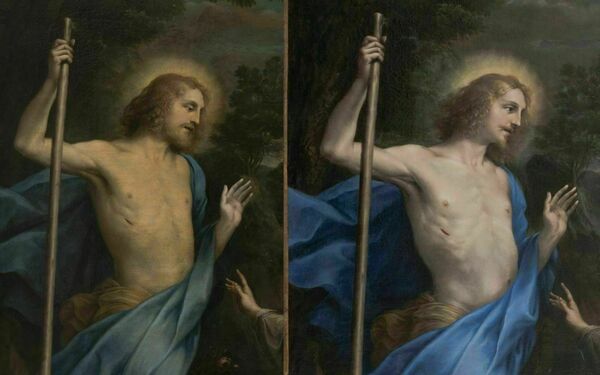 Image of the before and after conservation of Vincenzo Spisanelli’s monumental Noli Me Tangere (1640