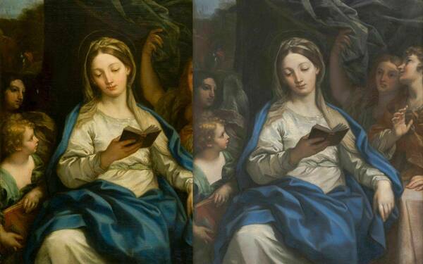 Image of Virgin Reading with Angels painting before and after conservation.