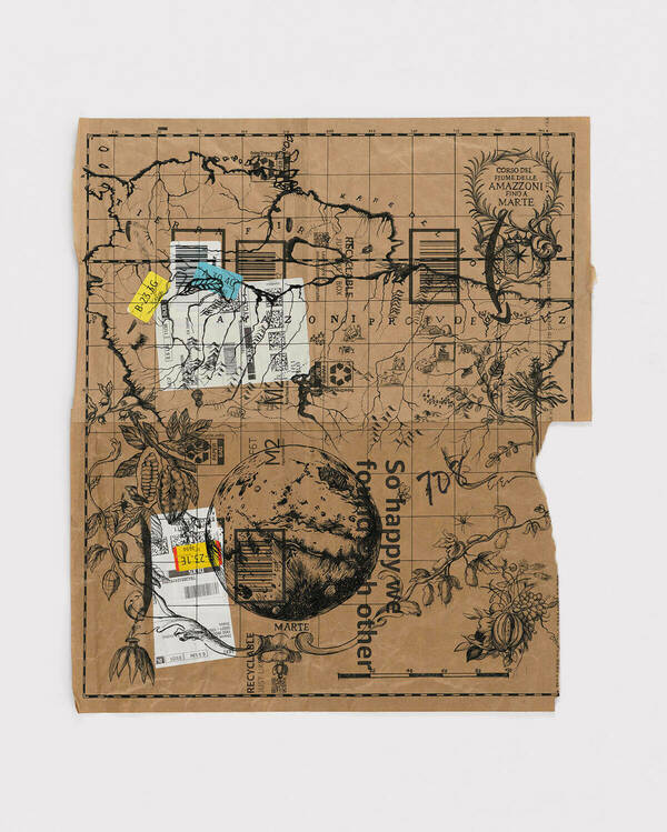 A mixed-media artwork on a crumpled piece of brown paper resembling a map. Black ink illustrations of plants, a celestial body, and map markings cover the surface. Shipping labels, barcodes, and recycling symbols are collaged onto the paper. Text fragments such as "MARTE," "RECYCLABLE," and the phrase "So happy we found each other" are visible, adding layers of meaning to the composition. A grid pattern and numerical markings suggest cartographic elements.