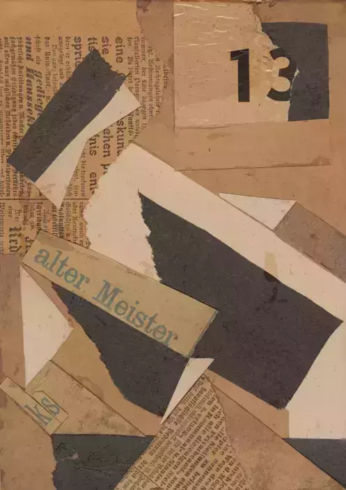 Abstract collage art piece composed of overlapping torn beige, white, and dark gray paper. Visible elements include German newspaper text, the black number "13," and blue text "alter Meister."
