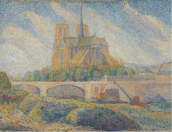 A pointillist painting depicts Notre Dame Cathedral in Paris, its golden Gothic facade, towers, and spire rising above trees. An arched stone bridge crosses the Seine in the foreground under a dotted blue sky.