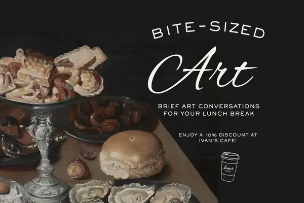 Ornate cookies in a silver pedestal bowl, a plate of dark fruits, a large pastry, and fresh oysters in a still life painting.