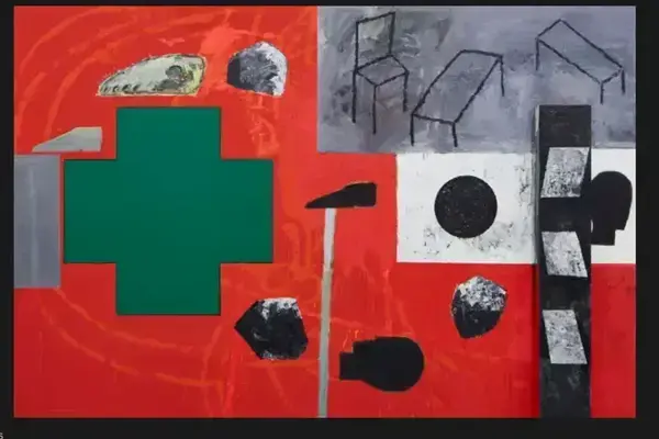 Vibrant abstract painting: prominent green cross on red, gray area with outlined furniture, and black/white geometric shapes.