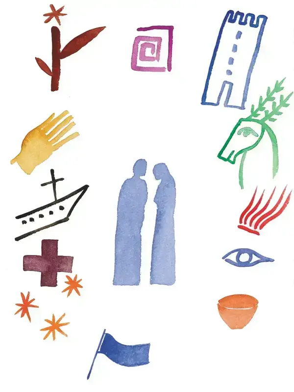 Abstract watercolor painting of two blue figures facing each other, surrounded by symbolic elements like a ship, cross, and tower.