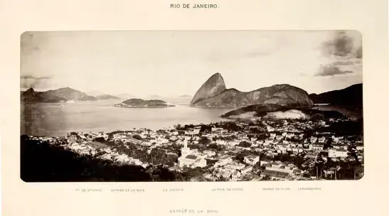 Panoramic view of Rio de Janeiro, Brazil, with Sugarloaf Mountain and other distinctive peaks.
