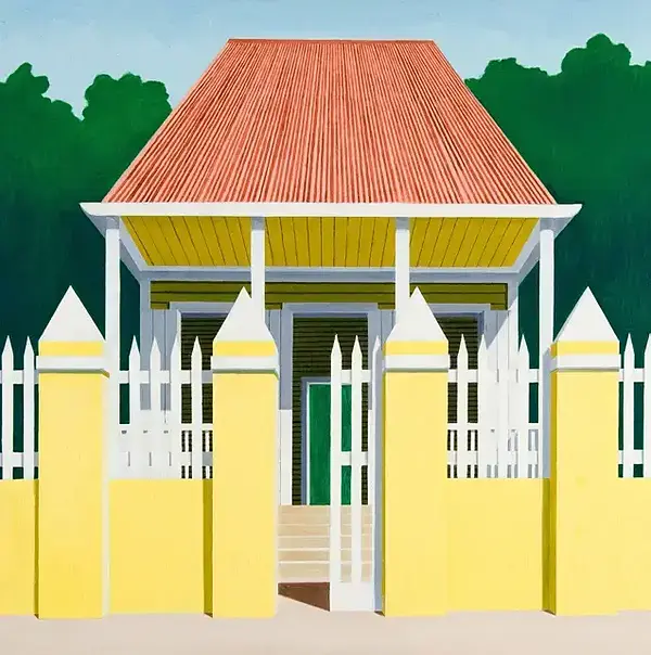 Bright yellow fence and gate lead to a light green house with a coral roof.