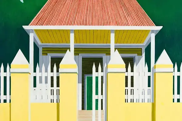 Bright yellow fence and gate lead to a light green house with a coral roof.