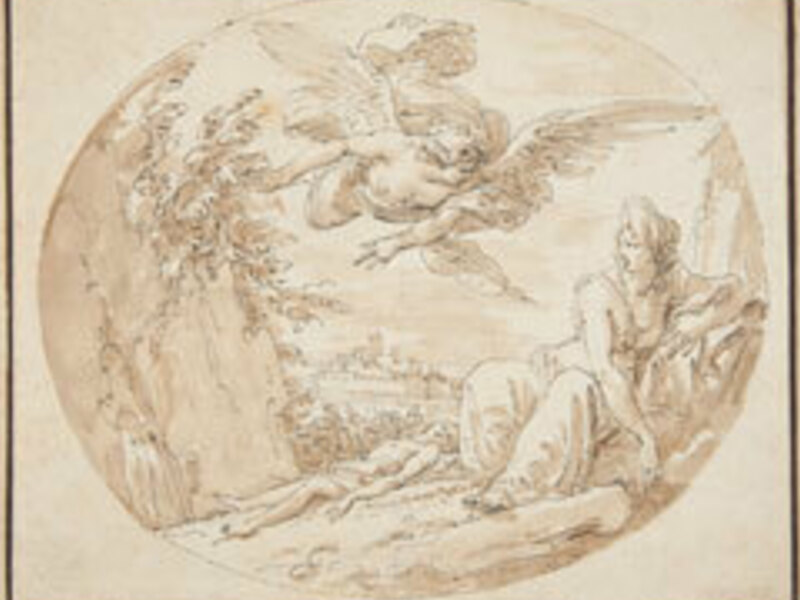 Giuseppe Cades (Italian, 1750–1799), Hagar and Ishmael in the Desert, after 1770, pen, brown ink and wash over black chalk squared in black. On extended loan from Mr. John D. Reilly ’63, L1988.010.005.